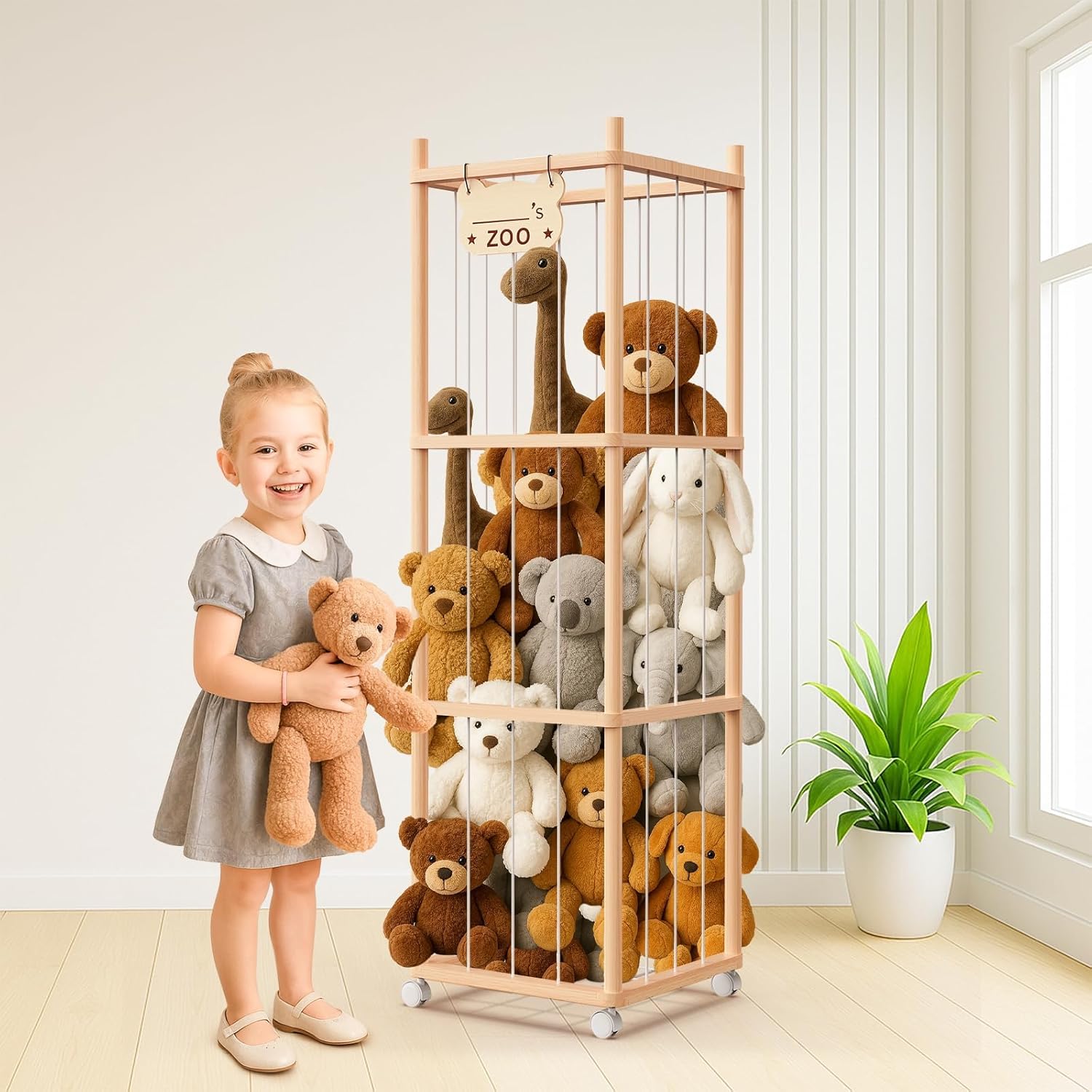 Stuffed Animal Storage & Organizer, Wooden Stuffed Animal Holder, Plushies Storage with Wheels, Stuffed Animal Zoo for Toddler Rooms, Playrooms & Bedrooms, 53.54" x 15.74" x 15.74" - Image 5