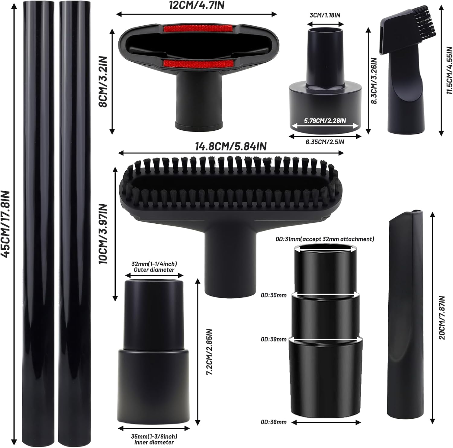 13 PCS Universal Vacuum Attachments Kit, 2 1/2" to 1 1/4" Wet Dry Vacuum Hose Adapter, 1 7/8" to 1" Adapter for Shop Vac, 1 1/4" Vacuum Cleaners Accessories with Horse Hair Brush, Extension Wand