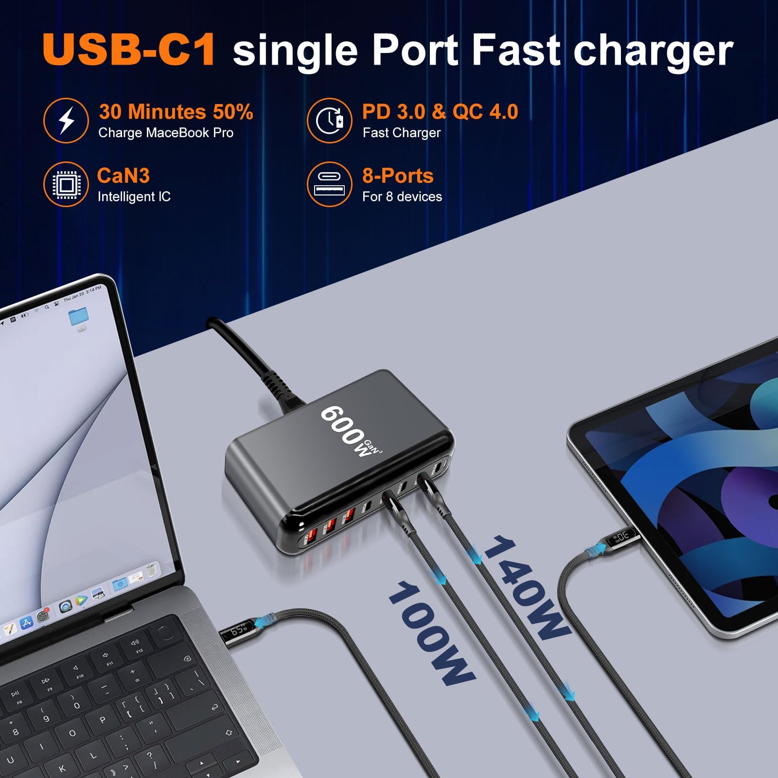 Caricatore USB C multiuso, 600 W, 8 porte, ricarica rapida con caricatore a 6 C e 2 A per MacBook Pro/Air, iPad iPhone 15Pro/Sumsung