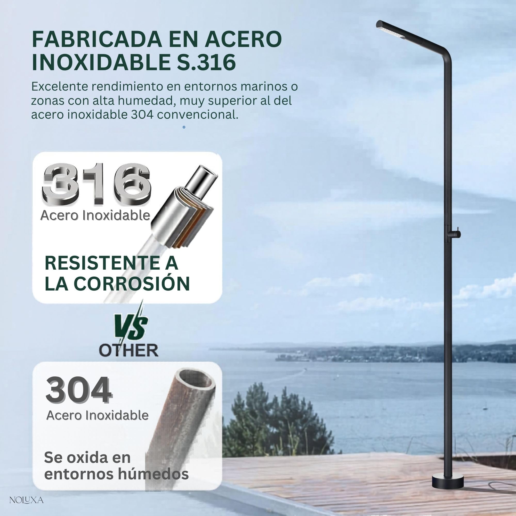 NOLUXA IMEX - Ducha Piscina Exterior Acero S.316 Negro Mate | Ducha Empotrada Suelo para Jardín, Piscina y Terraza | Grifería 1 vía (Agua Fría) con Rociador y Tratamiento Anticorrosión | Serie Texas