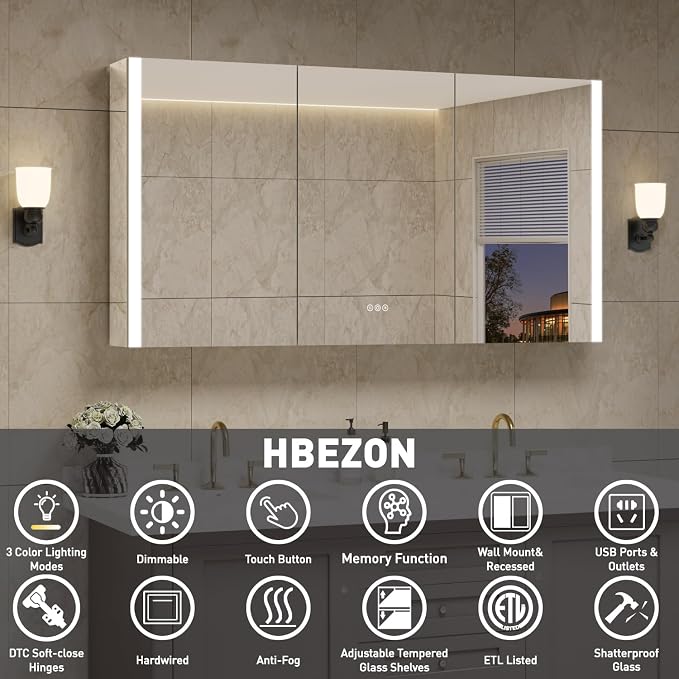 Botiquín de baño con espejo y luz LED 60x32 pulgadas miniatura 3
