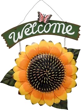 Metal Flower Welcome Sign for Front Door Home Decoration,Rustic Hanging Flower Welcome Decor Welcome Wreath Decorative Garden Welcome Sign for Door House Warming Gift Yellow