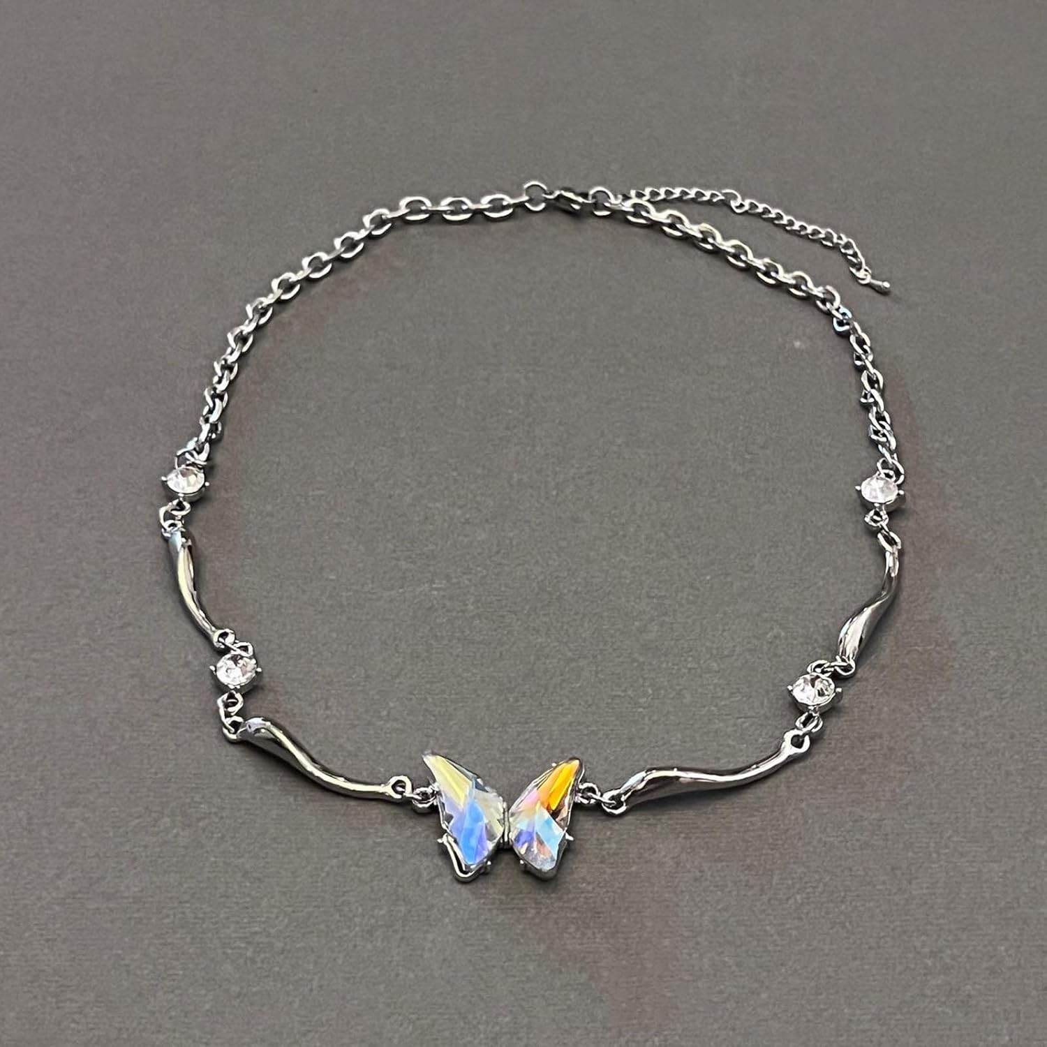 Boho Crystal Butterfly Choker Necklace Cute Birthstone Butterfly Pendant Necklace Silver Rhinestone Link Chain Necklace Dainty Butterfly Insects Collar Necklace Jewelry for Women - Image 3