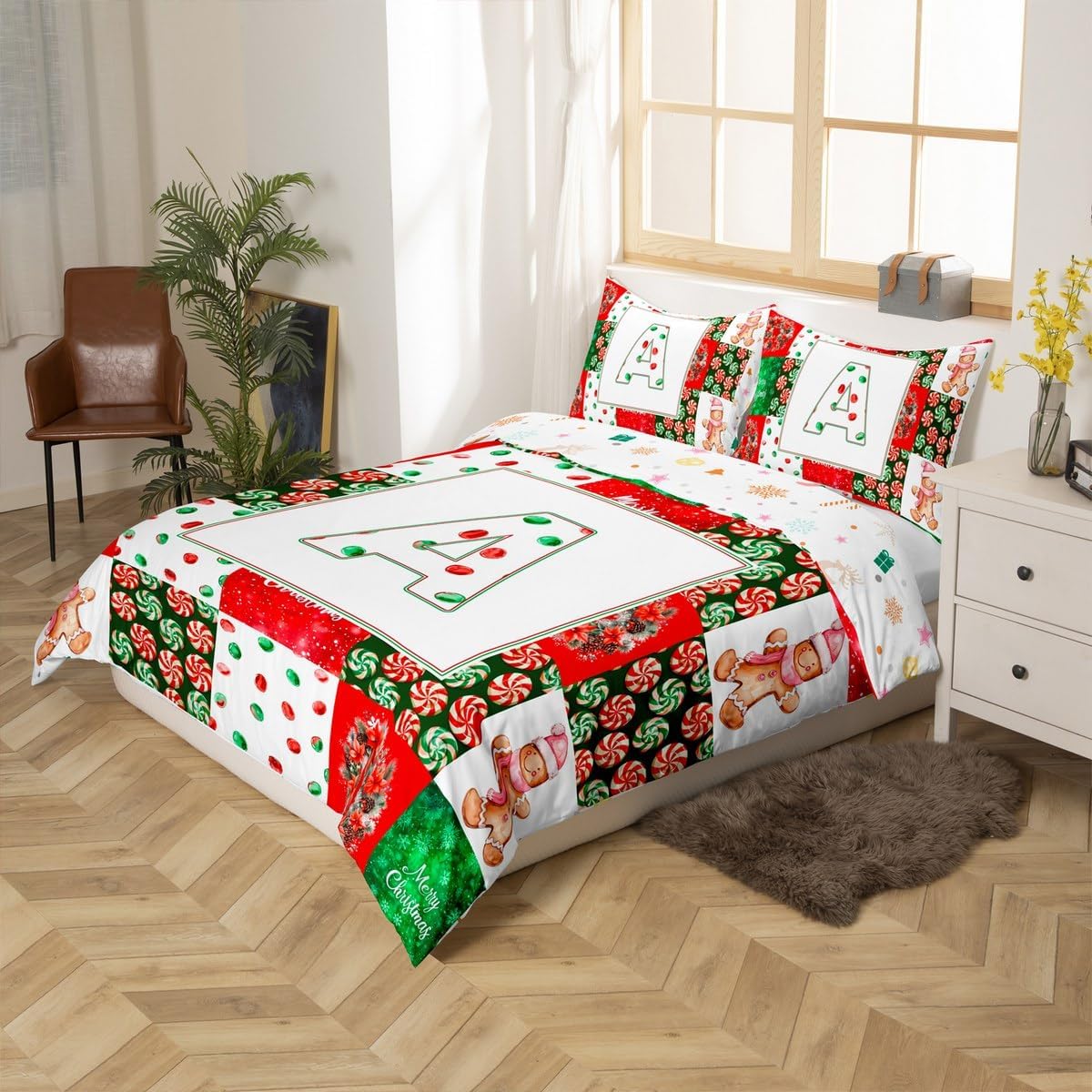 Initial Letter A Print Duvet Cover Set Toddler Size,Christmas Candy Wreath Grid Reversible Quilt Cover for Kids Boys Girls Cute Cookie Dots Red Green Bedding Set with 1 Pillowcase,No Comforter