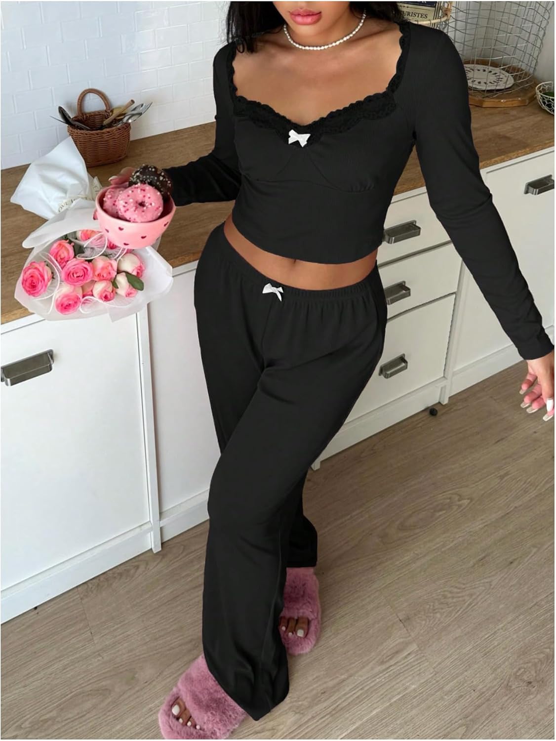 Women's 2 Piece Cute Bow Pajama Sets Lace Trim Long Sleeve Crop Top and Pants Fall Loungewear - Image 4