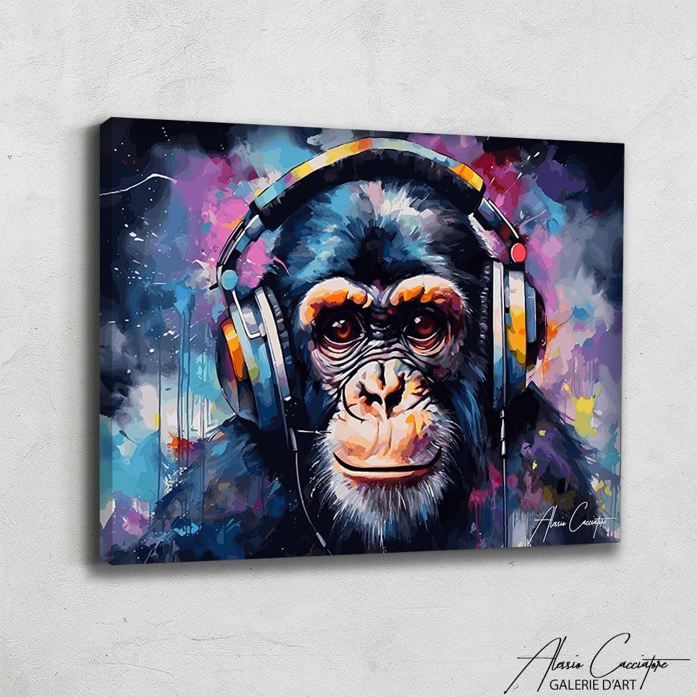 Alessio Cacciatore Tableau Singe Moderne - Cadre Décoration Murale Musique - Toile Décoration Dj - Impression Sur Toile Musique - Tableau Singe Pop Art Avec Cadre - Idee Cadeau Dj (40x30cm)