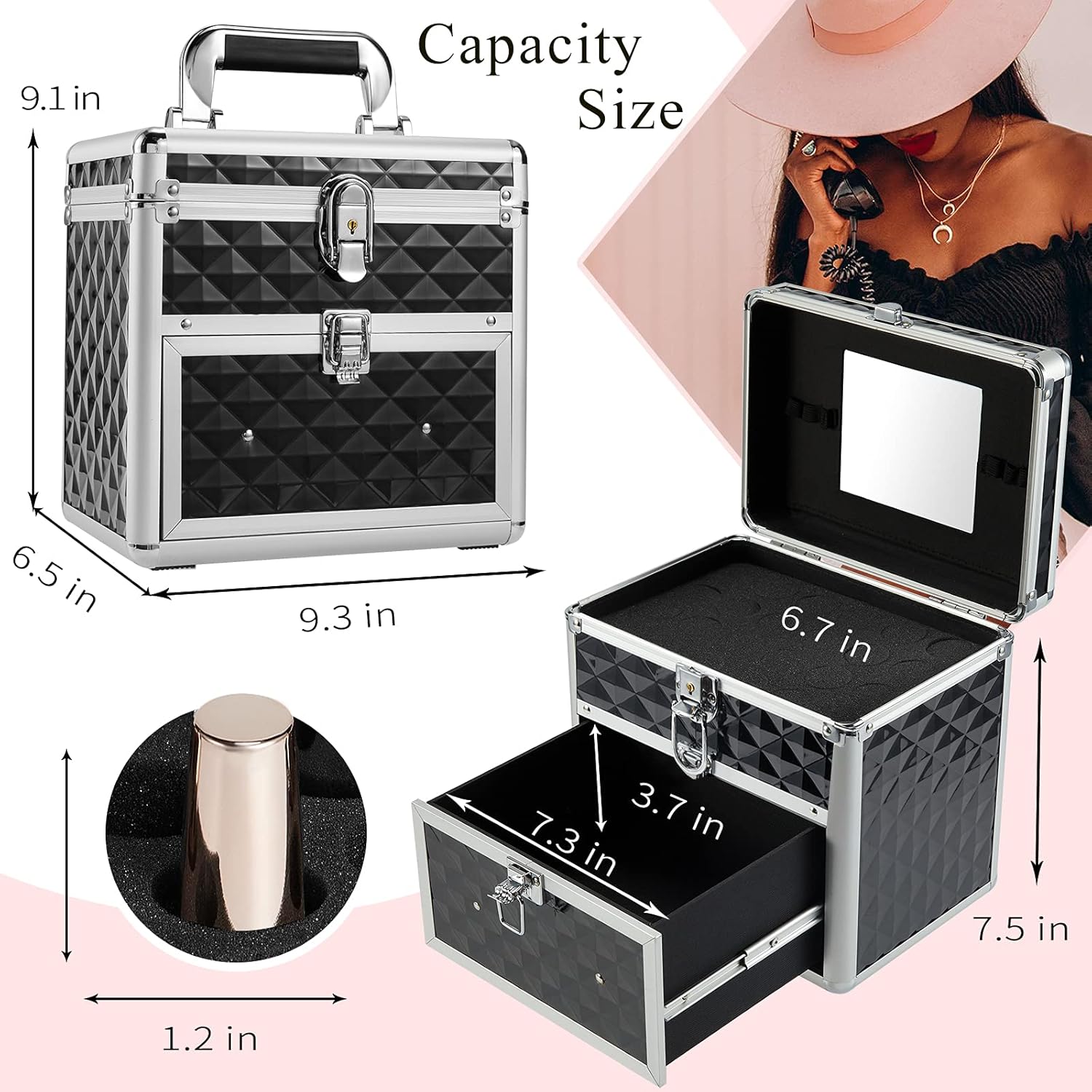 Frenessa Makeup Case Portable Train Case Cosmetic Box Organizer with Drawer Nail Polish Storage with Mirror Lockable Makeup Artist Nail Tech Case for Girls and Women - Black : Beauty & Personal Care