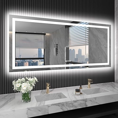 LOAAO Espejo de baño LED de 72 x 32 pulgadas con luces, antiniebla, regulable, retroiluminado + iluminado frontal, espejo de tocador de baño