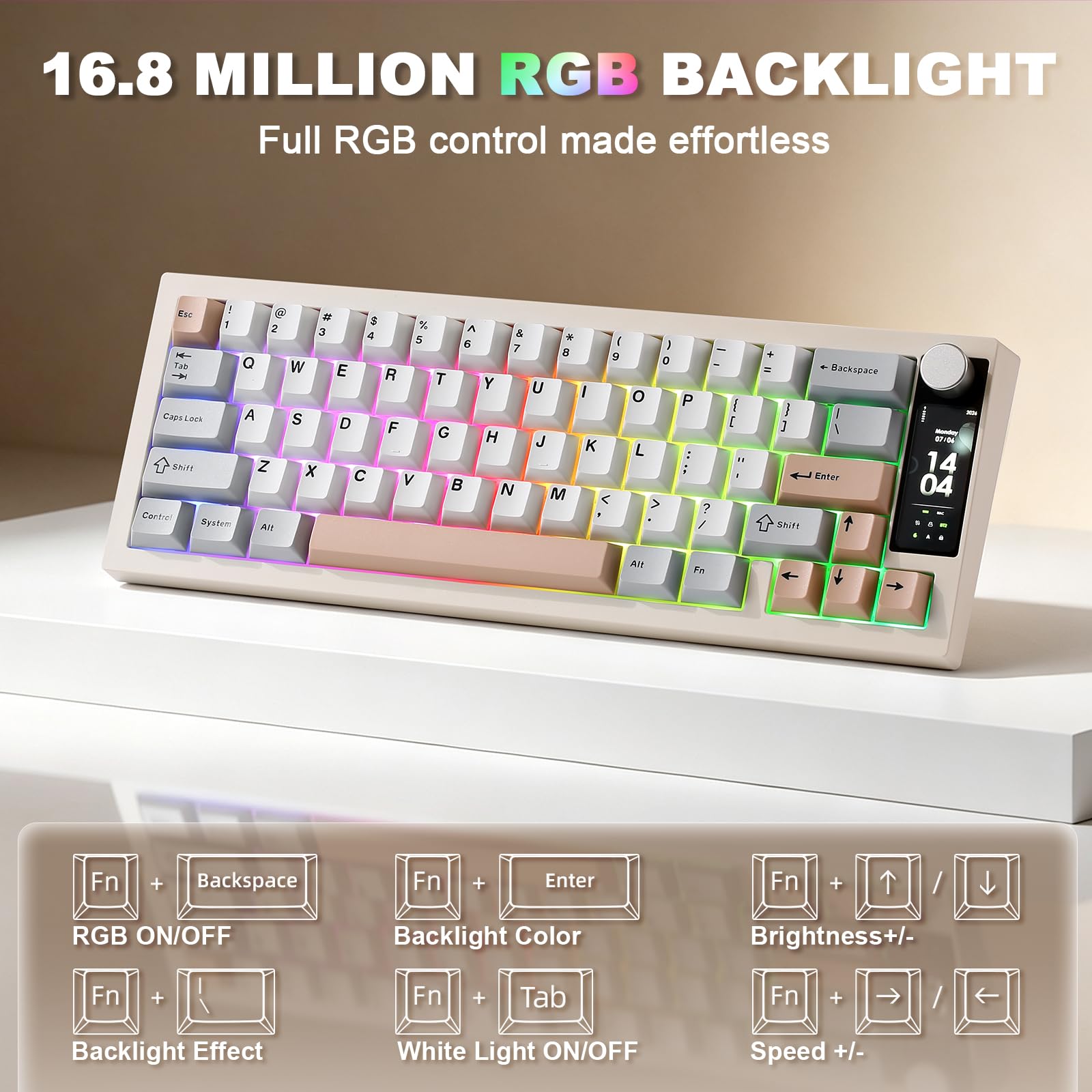 YUNZII IF68 QMK/Via Clavier Gamer Mécanique sans Fil (Beige, Candy) | Format 65% avec Écran TFT et Bouton Rotatif, Bluetooth/2.4G/Filaire, Hot-Swap, PBT, RGB, QWERTY, pour PC/Mac