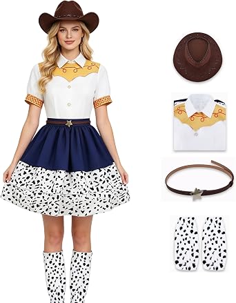 Women Jessie Costume Cowgirl Dress Hat Belt Leg Warmers Halloween Western Themed Party Outfit for Adult