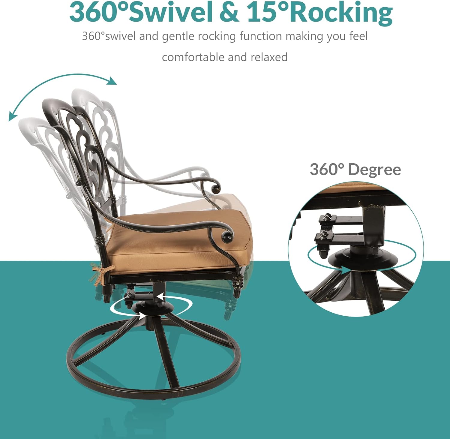 MEETWARM 5-Piece Outdoor Patio Dining Set, All-Weather Cast Aluminum Patio Conversation Set for Backyard Garden Deck with 4 Cushions Swivel Rocker Chairs and 35.4" Round Table, 2.2" Umbrella Hole