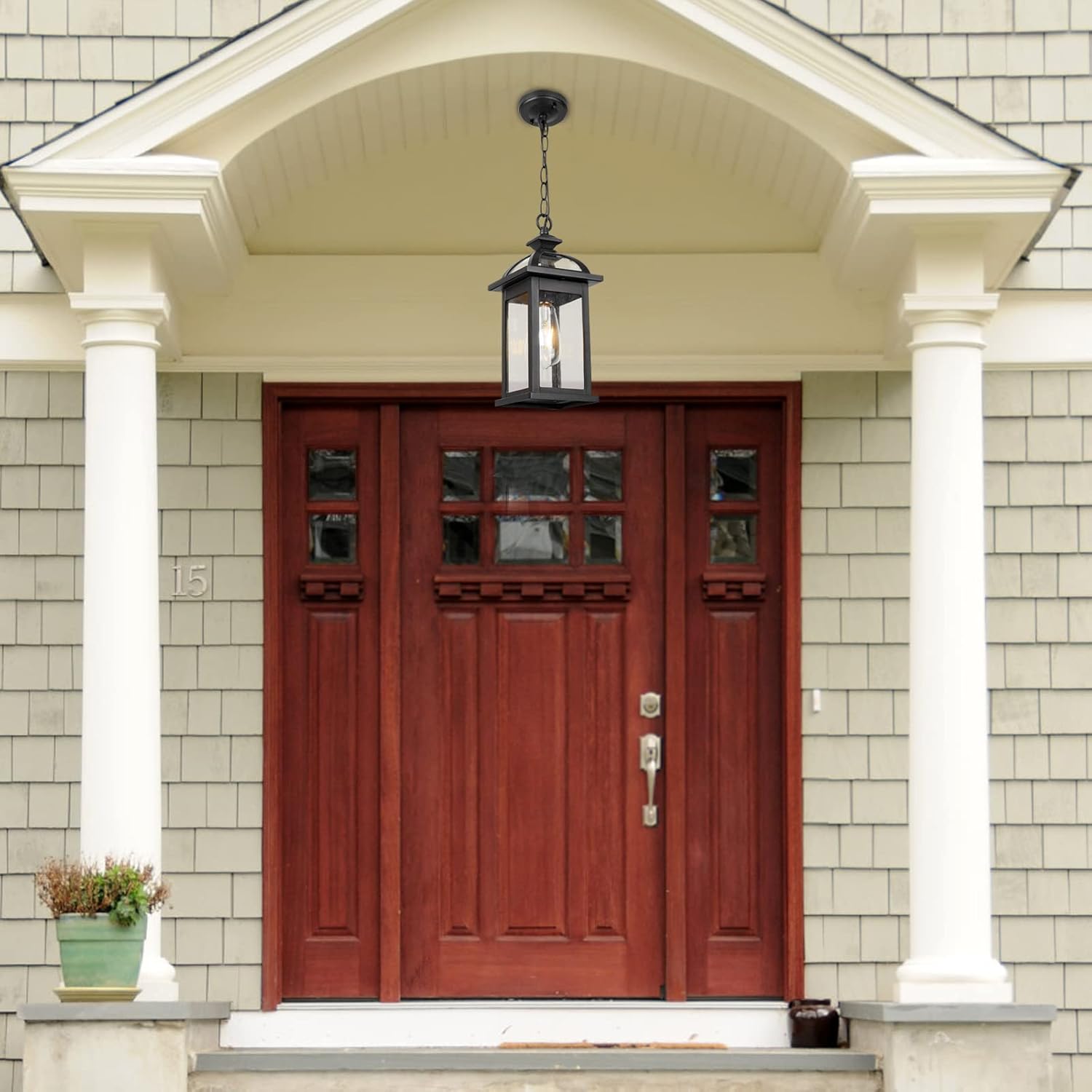 Darkaway Outdoor Pendant Light Fixture Lantern, Hanging Porch Light with Glass Aluminum Outdoor Pendant Lights for Porch, Patio, Entryway (1 Pack, Black)