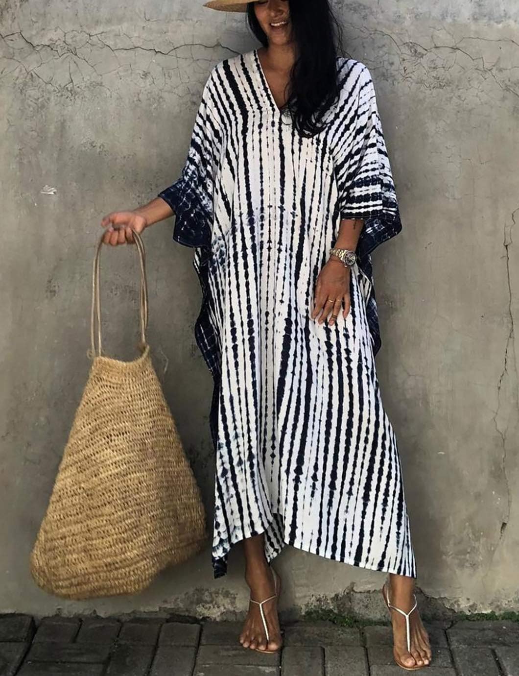 Eddoyee Plus Size Beach Kaftan Dresses for Women Print V-Neck Long Swimsuit Cover Ups - Image 4