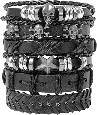 6 Pcs Leather Studded Bracelets, Adjustable Punk Wristbands