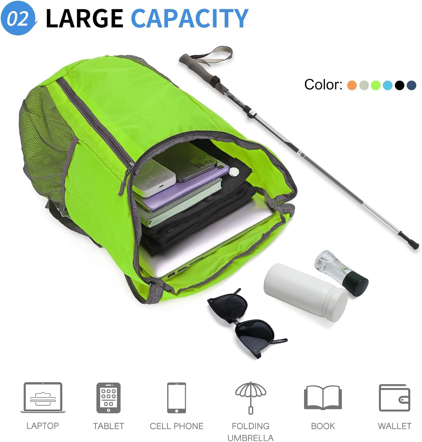 Hiking Backpack, 20L Packable Daypack for Men Women, Nylon with Adjustable Straps, Lightweight Waterproof Outdoor Camping Travel, Green - Image 3