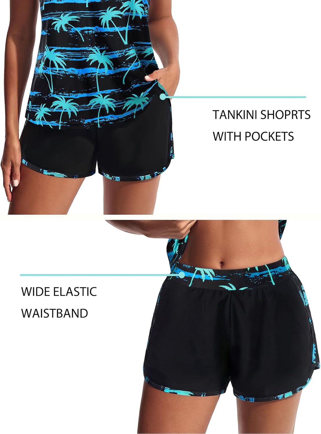 Hanna Nikole Women's Tankini Swimsuits Two Piece Tummy Control Bathing Suit with Athletic Pockets Swim Shorts Swimwear
