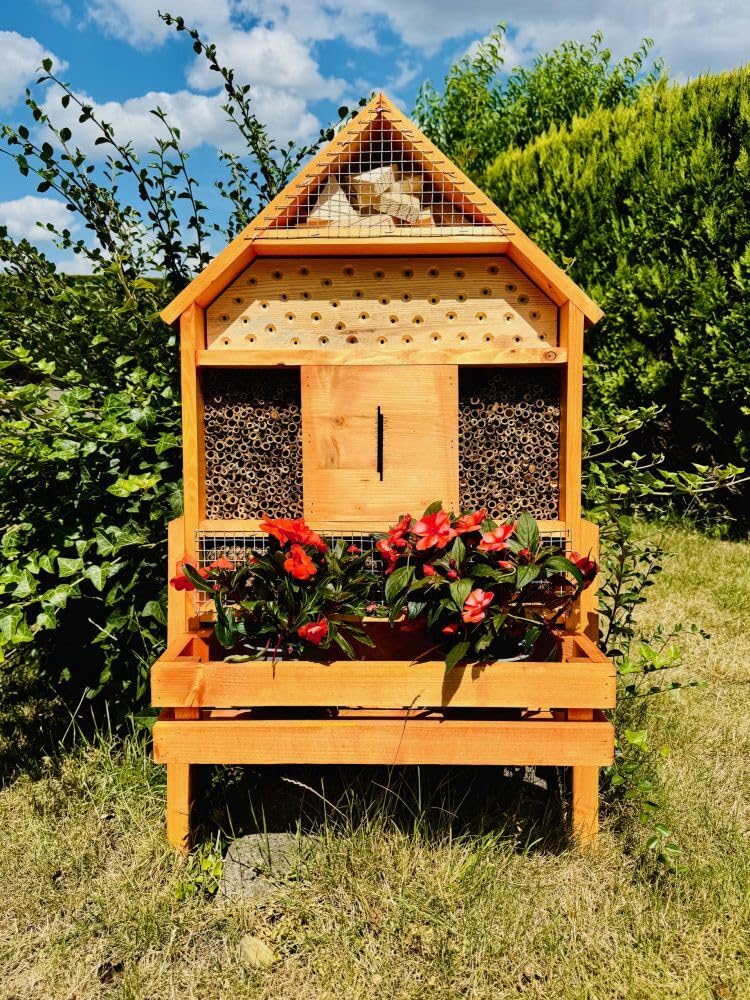 Casetta per insetti XL realizzata a mano in legno massiccio per le api selvatiche, con fioriera, marrone laccato, con sottovaso, 97 x 51 x 18 cm (altezza x larghezza x profondità)