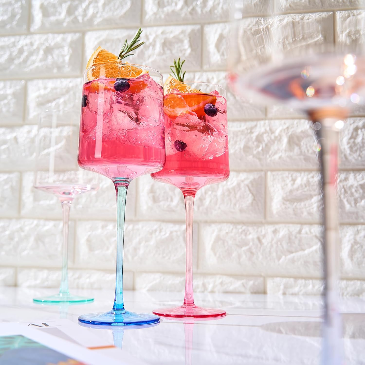 Khen Handblown Colored Two-Toned Crystal Pastel Wine Glassware | Set of 4 | Blue, Purple, Pink Square Shaped Glasses, Vibrant Ombre Color For Cocktail, Vintage Crystal Glass Goblet (13.5 OZ) - Image 4