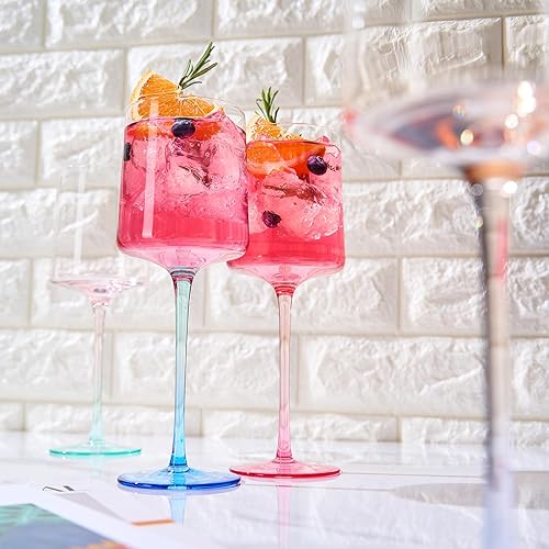 Miniatura 4 de Khen Copas de vino pastel de dos tonos sopladas a mano  Juego de 4 vasos cuadrados azules, morados y rosados, colores degradados vibrantes para