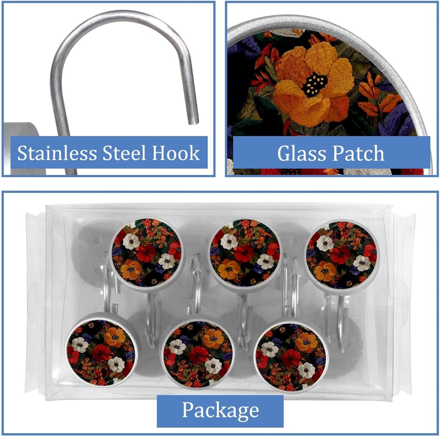 Textured Floral Vector Pattern (2) Round Crystal Glass Decorative Shower Curtain Hooks with 3D Pattern Visual, Rust Proof Shower Curtain Rings-12 Pack