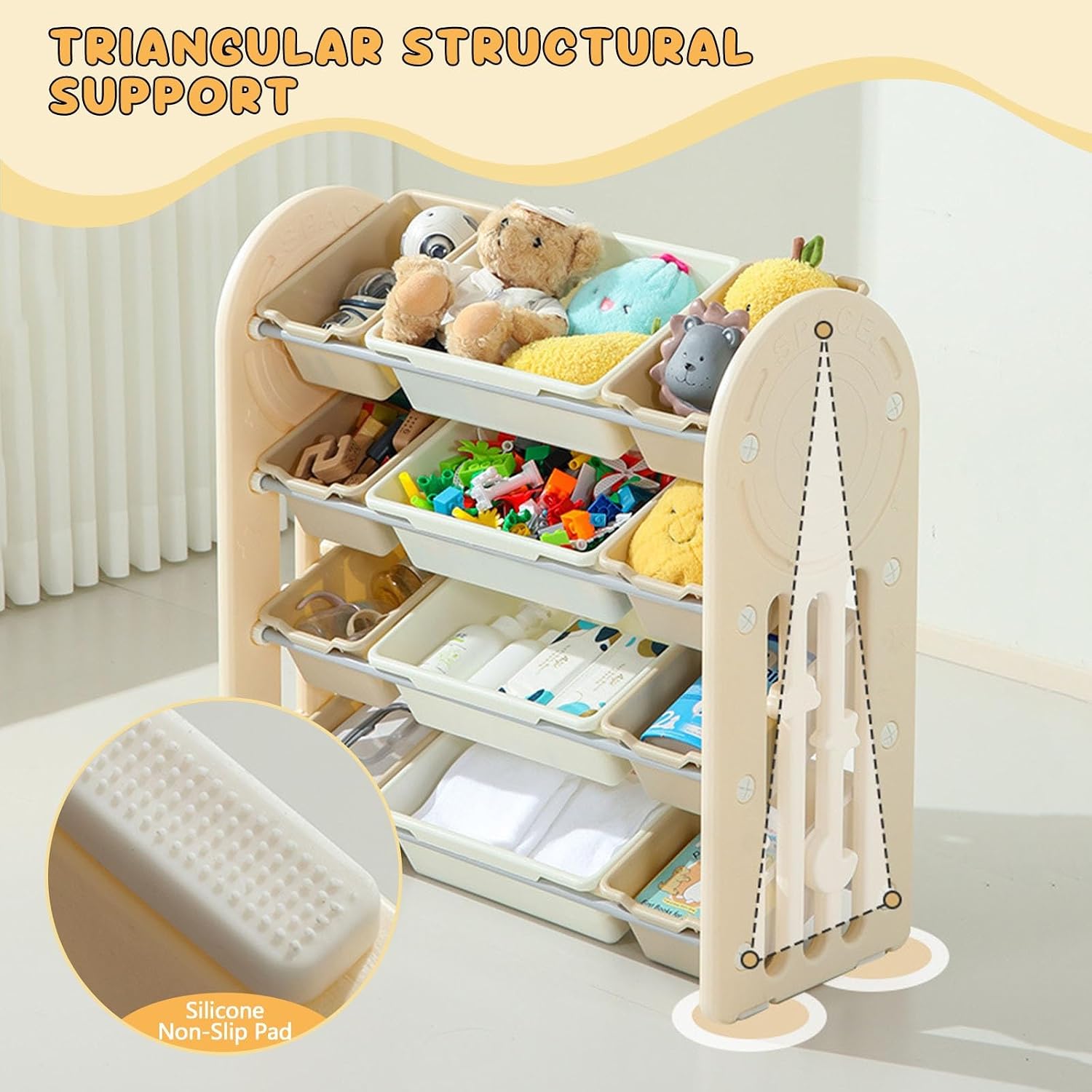 Toy Storage Organizer with Removable Bins and Bookshelves Kids Toy Shelf Bookcase for Bedroom, Nursery, or Montessori Playroom(Beige,33 * 13 * 24.8in)