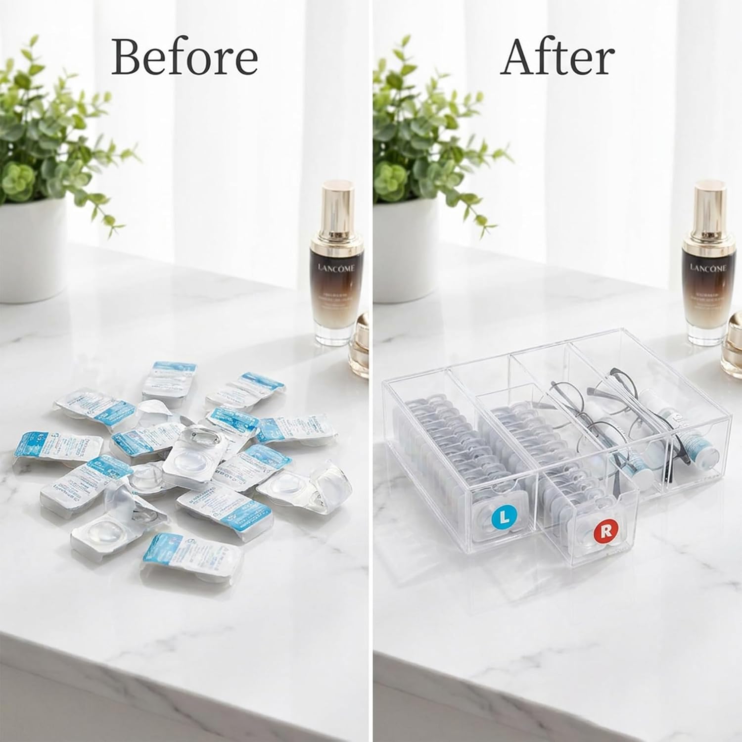 Daily Contact Lens Organizer with R & L Labels, Each Hold 20 PCS, Total 80 PCS, Daily Contact Lens Dispenser for Eyeglasses Makeup Contacts, Clear