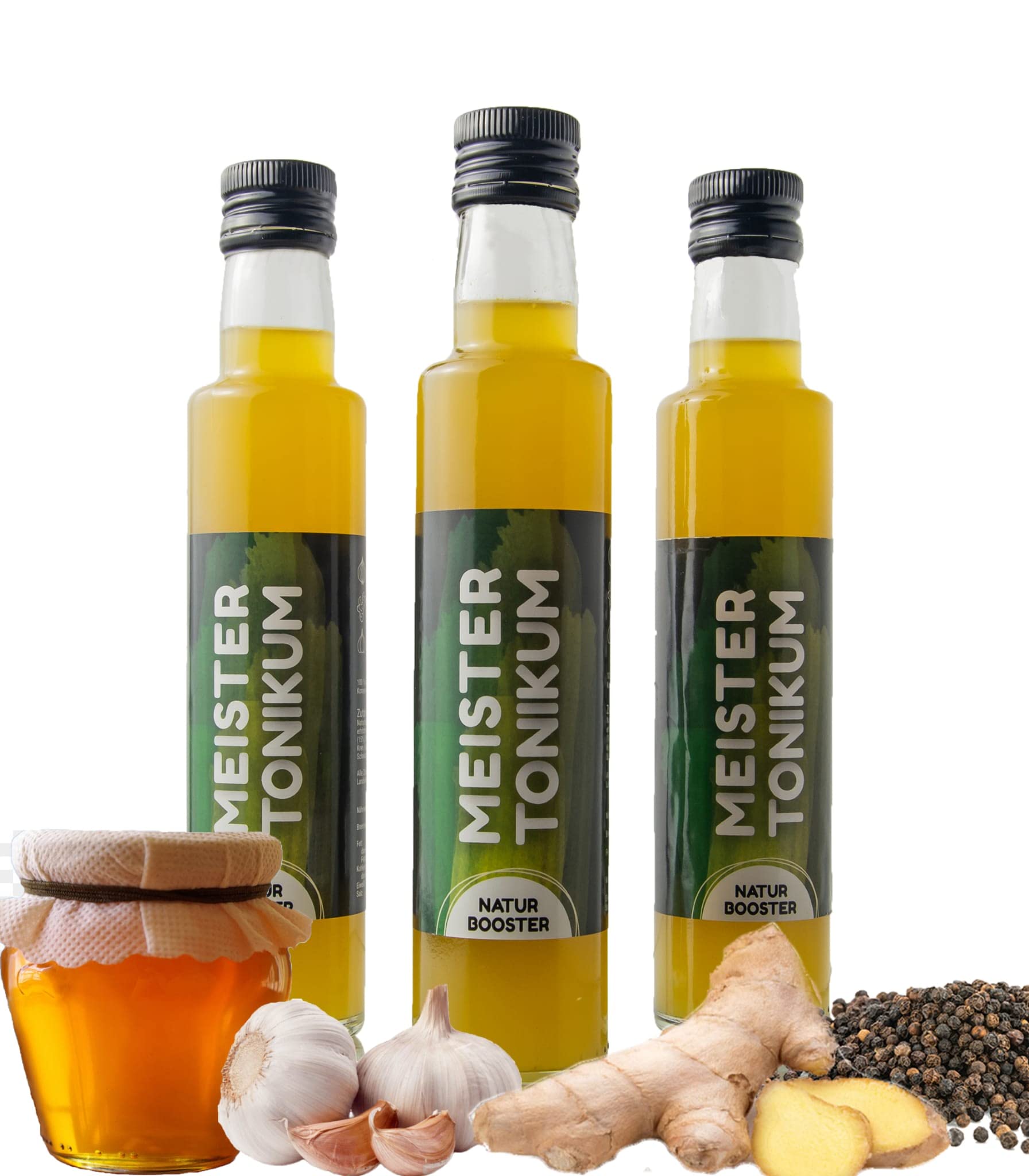 Meistertonikum Bio Essig aus Superfoods 3 x 250ml - natürlicher Vitaldrink Smoothie mit Kurkuma, Zitrone, Knoblauch, Ingwer uvm - ideales Salatdressing - Immunbooster Shot