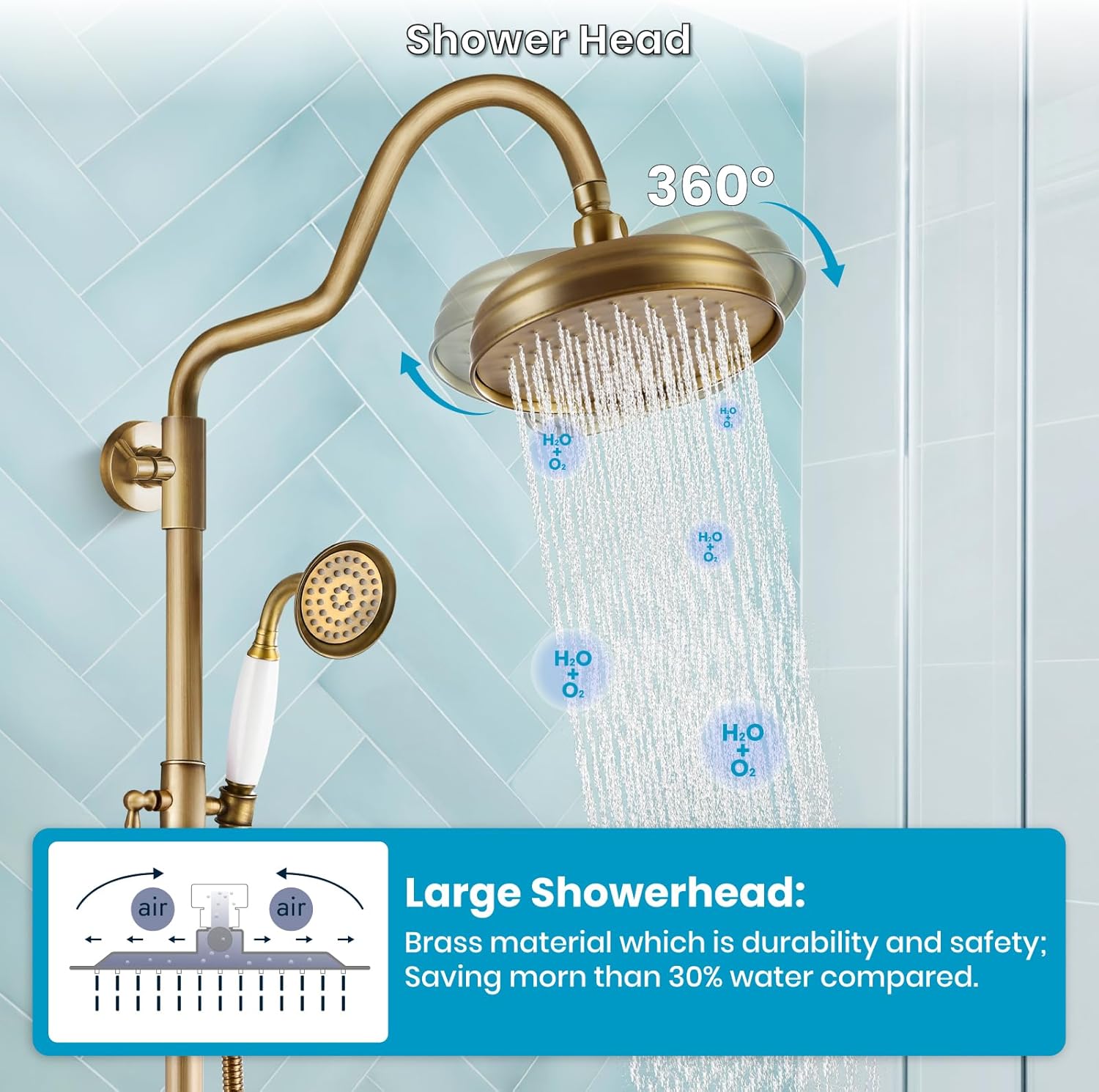 gotonovo Luxury Exposed Shower Faucet Set Bathroom Shower System 8 Inch Wall Mount Rainfall Shower Head with Handheld Spray Cross Double Handle Shower Fixture Adjustable Arc Rod Antique Brass