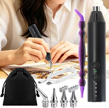 Electric Diamond Painting Pen with Light, Cordless Diamond Art Vacuum Pen no Wax Needed, Rechargeable Diamond Art Pen, Steel Screw Multi-placer, 3-Speed, Diamond Art Accessories with Cutter Black