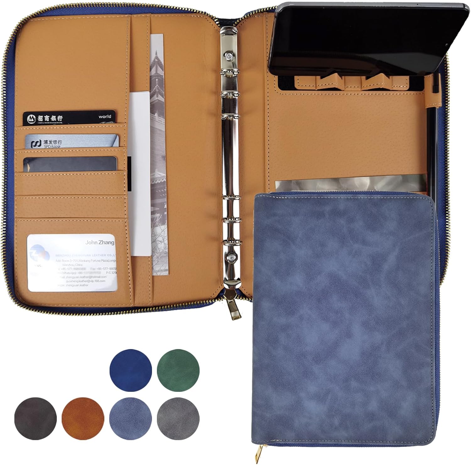 A5 Binder Case PU Leather Portfolio Budget Binder Refillable Notebook Planner Cover with Zipper 6 Rings Money Document Organizer for Business Interview (Greyblue)