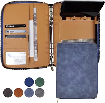 A5 Binder Case PU Leather Portfolio Budget Binder Refillable Notebook Planner Cover with Zipper 6 Rings Money Document Organizer for Business Interview Greyblue