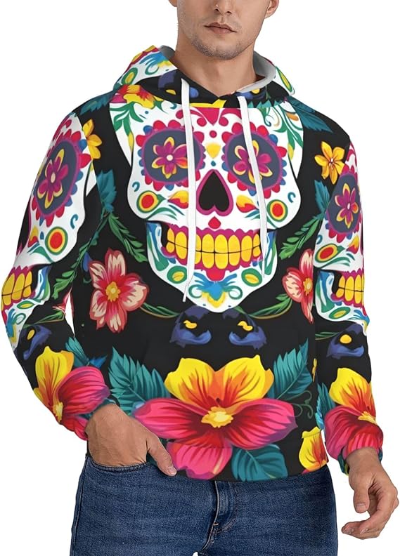 Sugar Skulls Flowers Print Warm Men'S Hooded Sweatshirt, Polyester Kangaroo Pocket Hoodie For Casual Daily