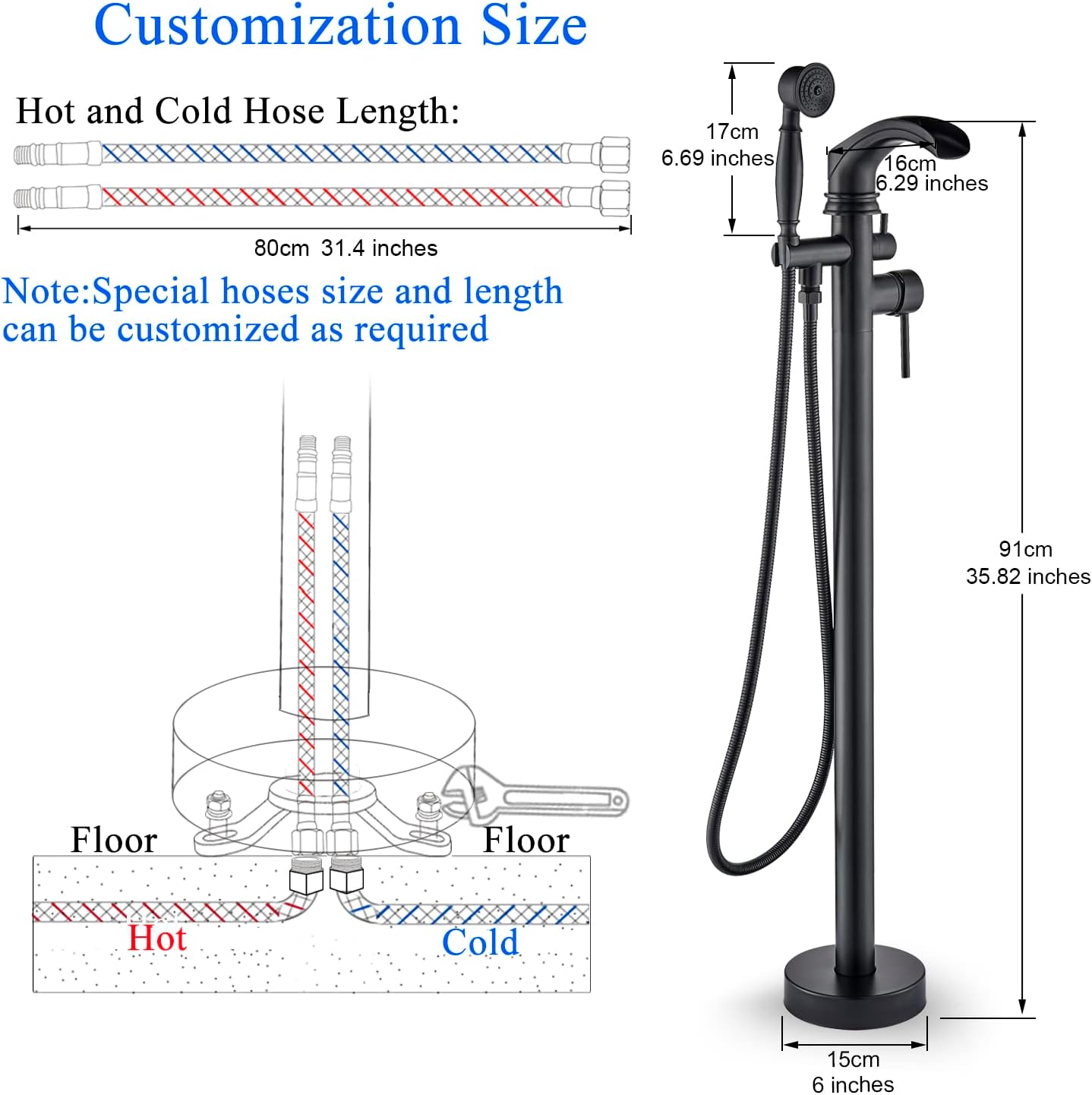Senlesen Matte Black Bathroom Single Handle Freestanding Bathtub Faucet Floor Mounted Waterfall Tub Filler with Hand Shower Set - Image 5
