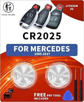Key Fob Battery Replacement for Mercedes-Benz CR2025 2 Pack Fits C-Class E-Class ML S-Class Sprinter GLC GL CLA CLK GLE GLA SLK SL CLS GLS R C300 E350 ML350 C280 Smart Remote Key