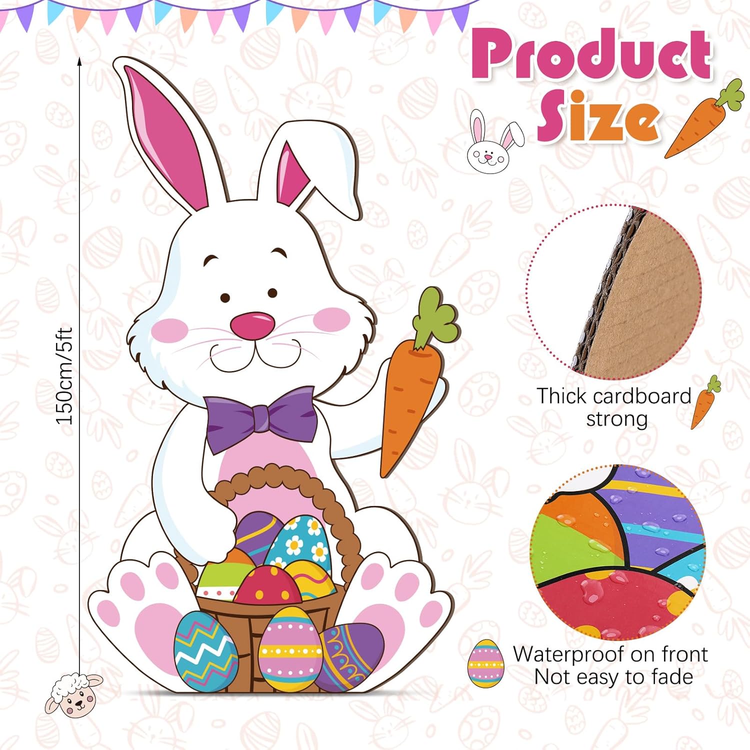 ReliThick 5FT Easter Yard Decorations Outdoor Large Bunny Cardboard Stand Up Signs Rabbit Cardboard Cutout Display for Easter Party Porch Garden Patio Lawn Sidewalk