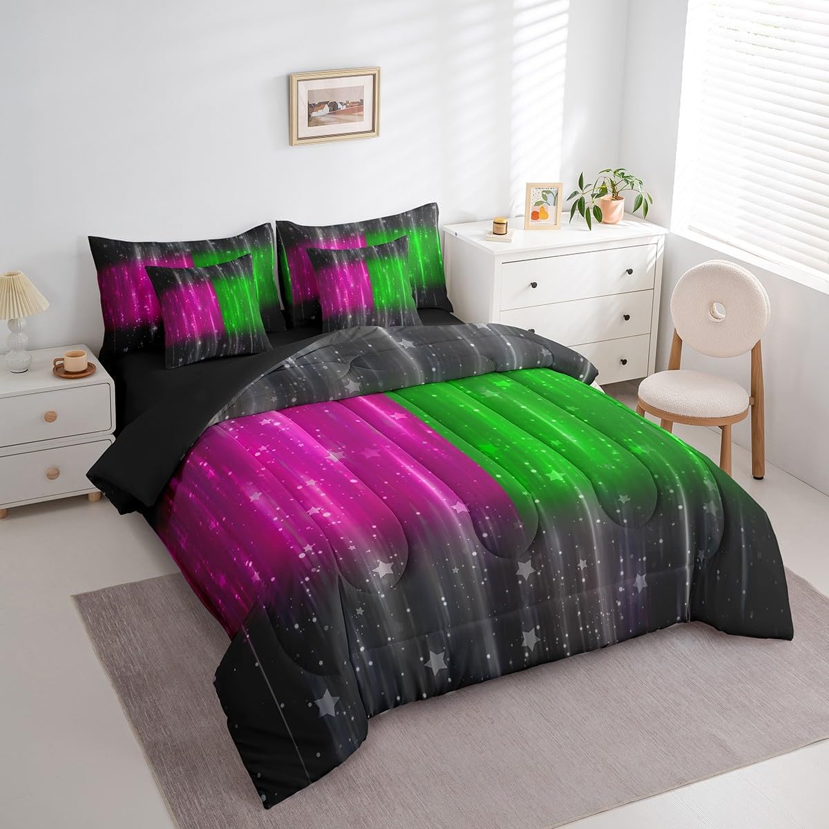 Black and Hot Pink Green Bed in a Bag 7pcs Abstract Glowing Gradient Bedding Set, Aesthetic Ombre Full Size Comforter Set Modern Neon Lights Bedding Comforter Sets, Psychedelic Stars Bed Set