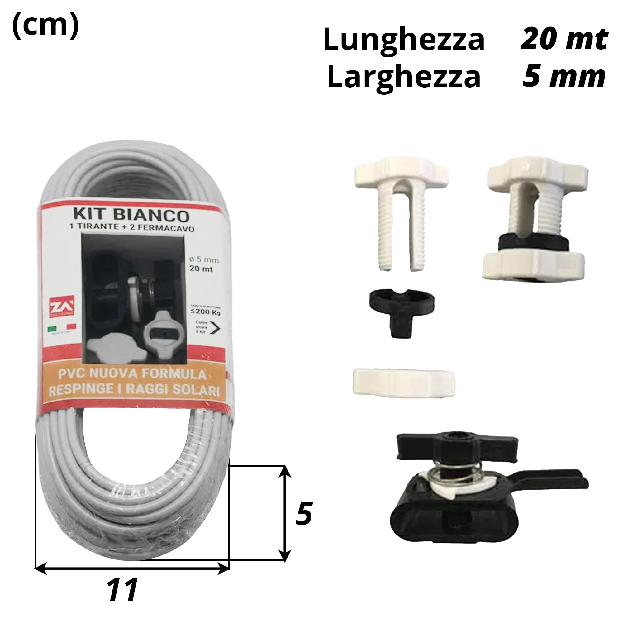 Sicignano | Cable blanco para tendedero, 20 m, Ø 5 mm, para exteriores, carga hasta 200 kg, fabricado en Italia, maleable, reciclable, fácil de cortar, cable tendedero (blanco con kit)