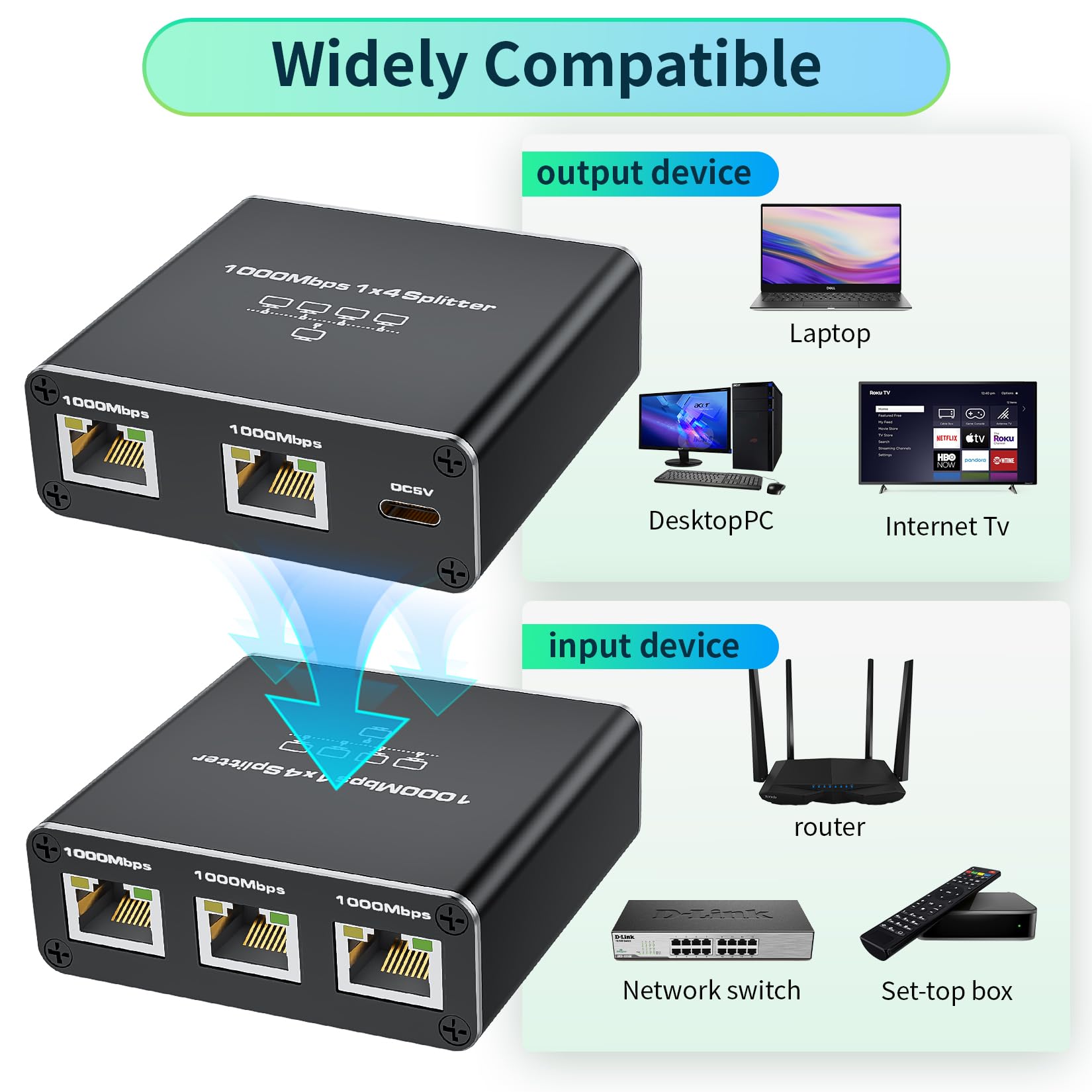 Splitter Ethernet da 1 a 4 ad alta velocità 1000 Mbps, adattatore splitter BolAAzuL Gigabit RJ45 1 in 4 uscite femmina, cavo LAN/Internet Cat 8/7/6/5/5e, splitter di rete 1x4, Plug & Play, con cavo di
