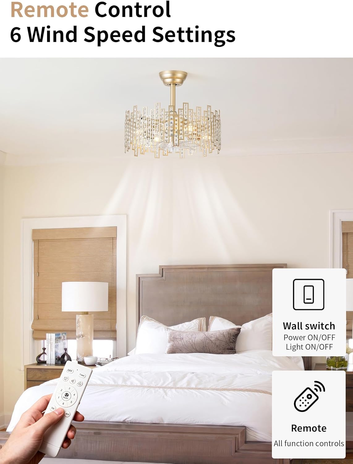 Gold Crystal Fandelier Ceiling Fan with Light, 20'' Gold Crystal Chandelier Ceiling Fan with Lights Remote Control for Bedroom, Nursery, Foyer, Kitchen and Living Room, Caged with 6 Speed