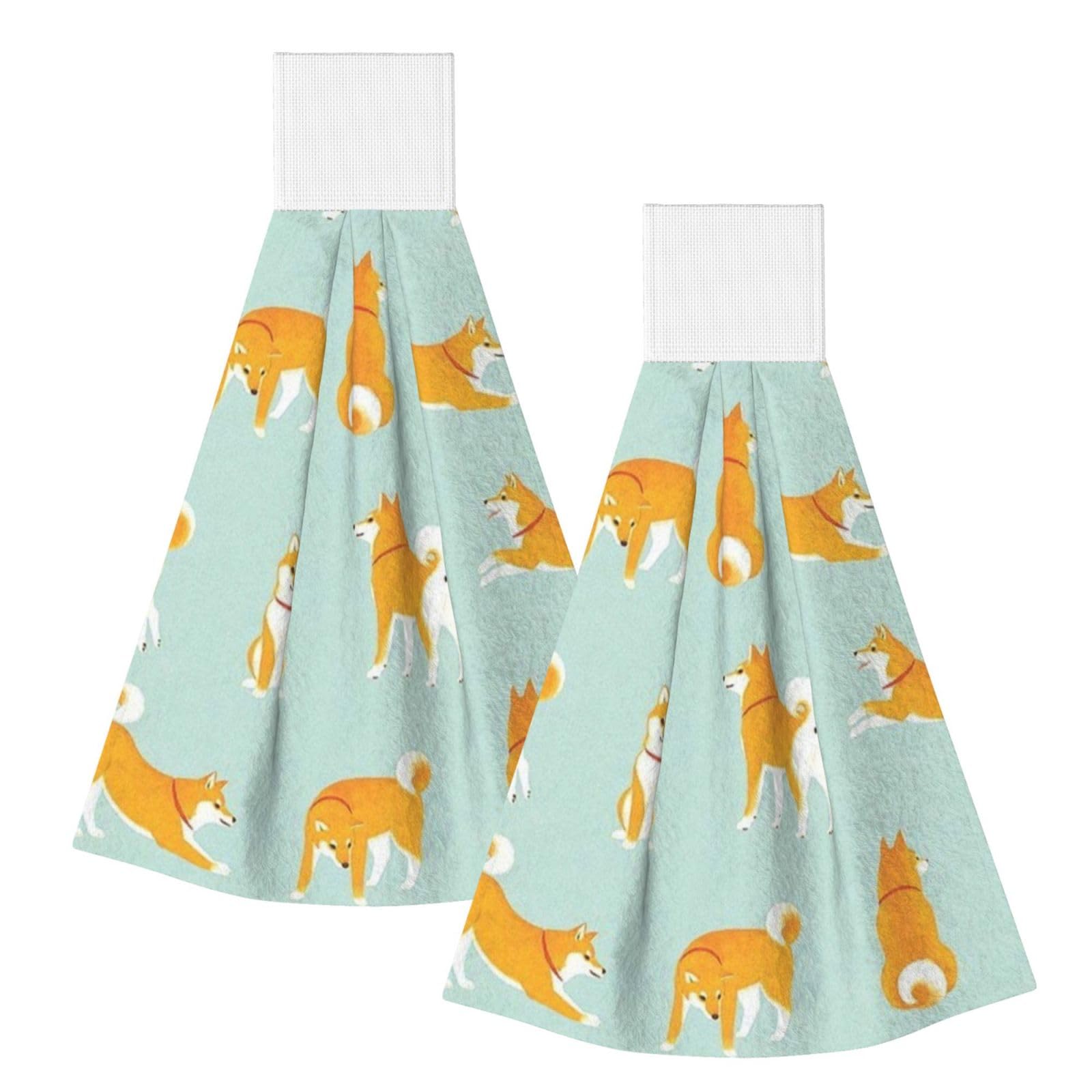 DOPKLNA Cute Shiba Inu Puppy, 2 Pcs Hanging Coral Fiber Hand Towels for Bathroom, Absorbent Kitchen Towels