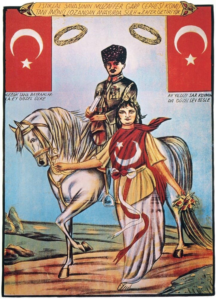 Republic Of Turkey Poster Nthe Republic Of Turkey Symbolized As An Unveiled Woman Leading The Horse Of The RegimeS Founder Mustafa Kemal Ataturk Poster C1925 Poster Print by (18 x 24)