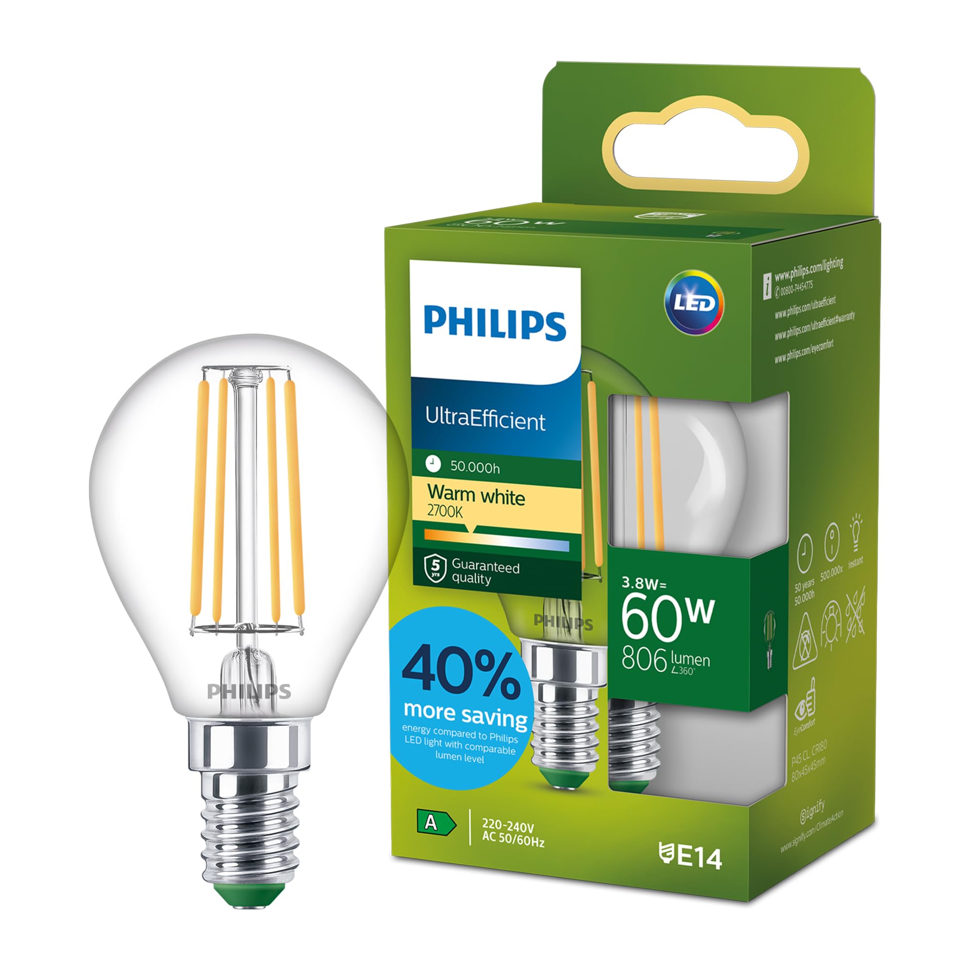 Philips LED UltraEfficient Clear P45 Filament Bulb, E14 Small Edison Screw, Energy Class A, 806 lm, 60W Equivalent, Warm White (2700K), EyeComfort, 50,000 Hours, 1 Pack