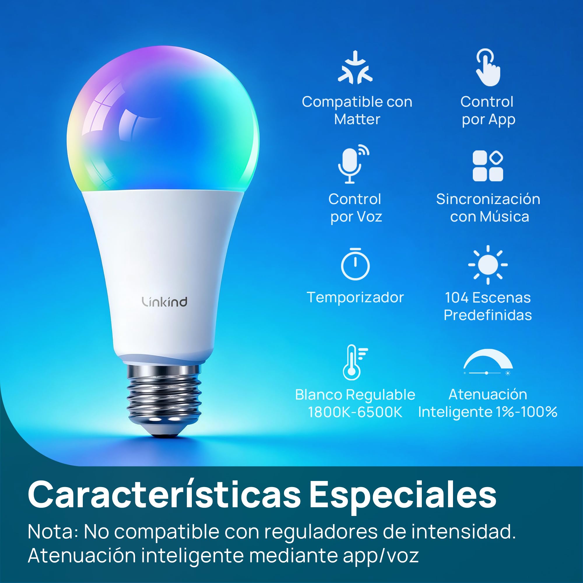 Linkind Bombilla Inteligente E27 Matter de 1600 lm, Compatible con HomeKit (104 escenas), 14 W, RGBTW de 2,4 GHz,Compatible con Apple HomeKit/Alexa/Siri/Google/SmartThings, 3 unidades