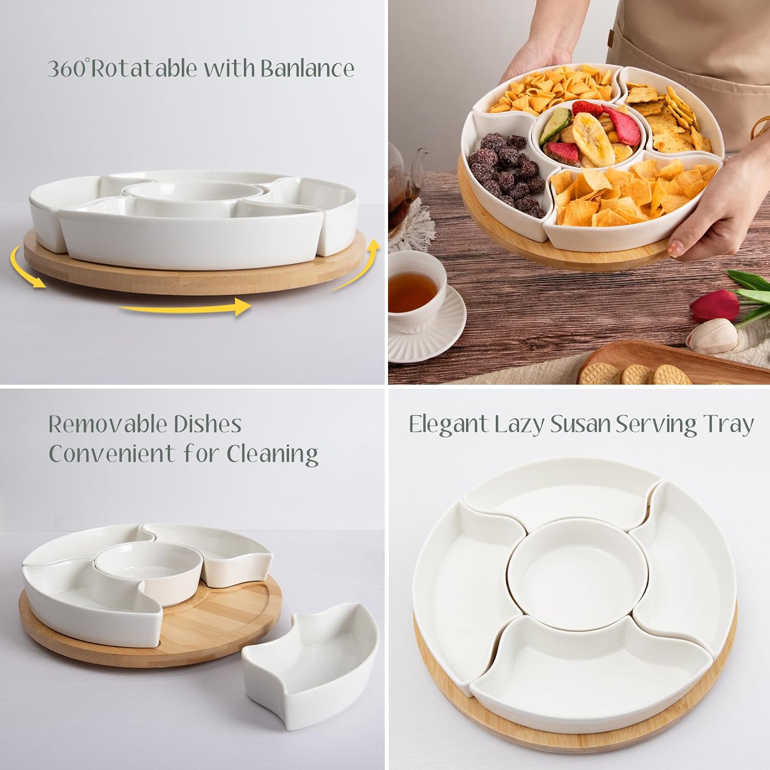 Serving Tray, Rotatable Serving Platters and Trays-11 Inch Divided Serving Dishes for Party Decor, Ceramic Kitchen Utensil Holder for Countertop, Large Cooking Utensil Crocks for Kitchen Counter