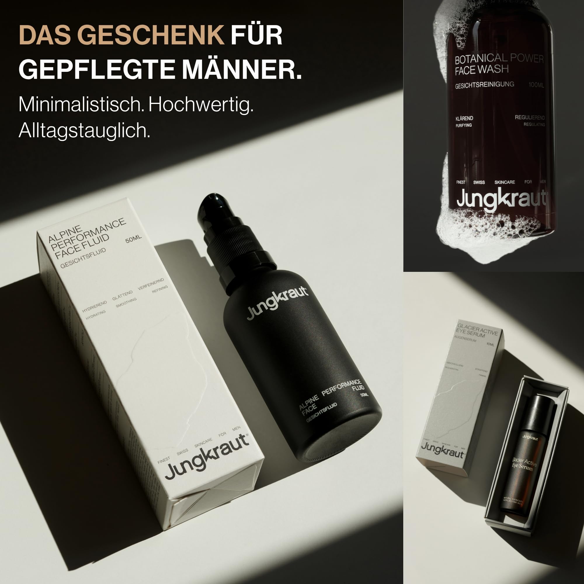 Gesichtspflegeset für Männer, Schnelle Gesichtspflege mit Reinigungsgel, Feuchtigkeitscreme und Serum, spendet Feuchtigkeit, gegen fettige Haut, Anti-Aging Effekt, natürlich, aus der Schweiz
