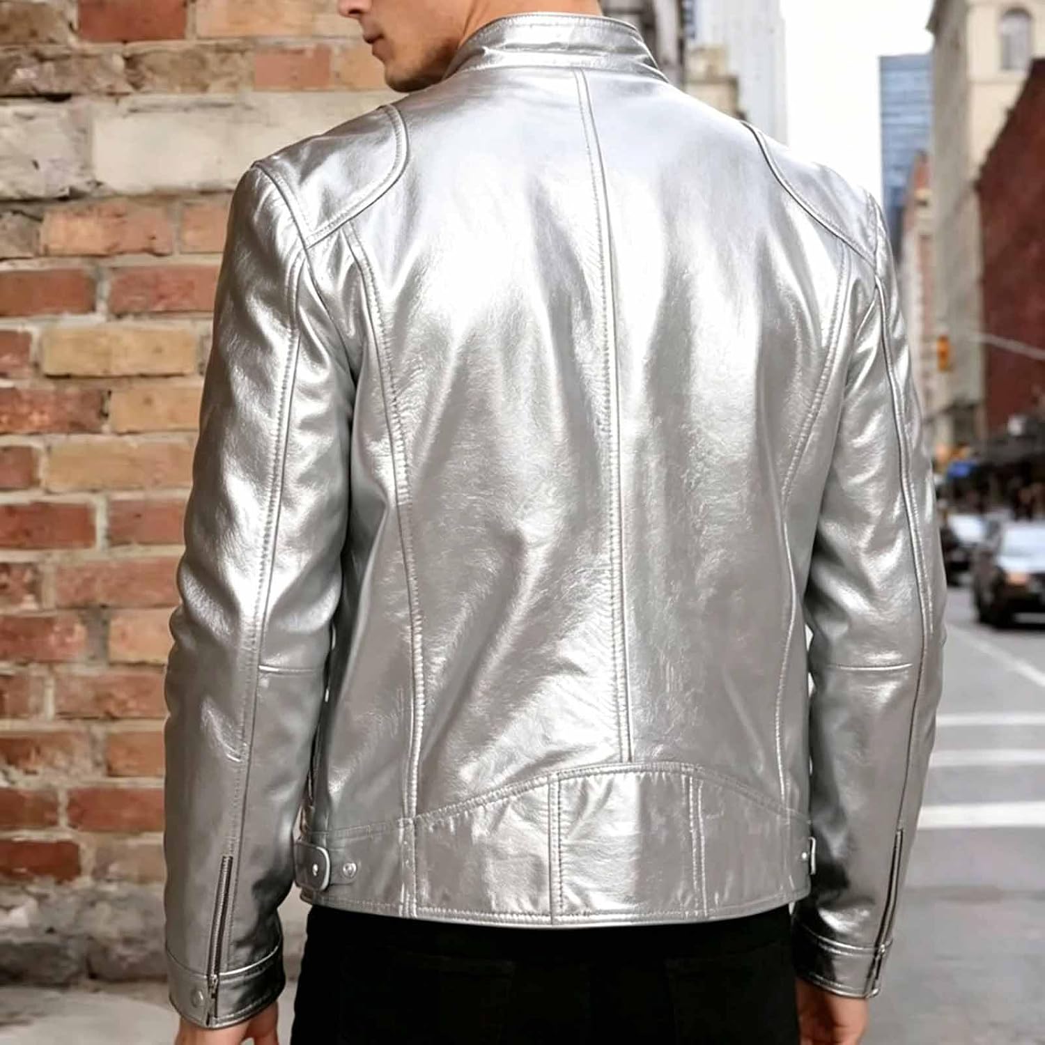 Men's PU Leather Jacket Long Sleeve Full Zip Stand Collar Moto Coat Casual Street Biker Outerwear with Pockets