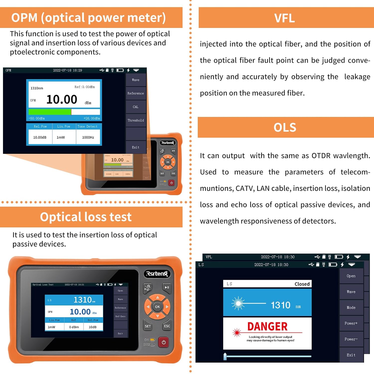 Rsrteng OTDR Fiber Optic Tester 1310/1550nm 26/24dB Test Rang 500m-100Km 4.3" Touch Screen Event Map OPM VFL LS OLS RJ45 Test 8GB TF Card PC-Sides Analysis Software Connector with UPC/FC SC LC ST