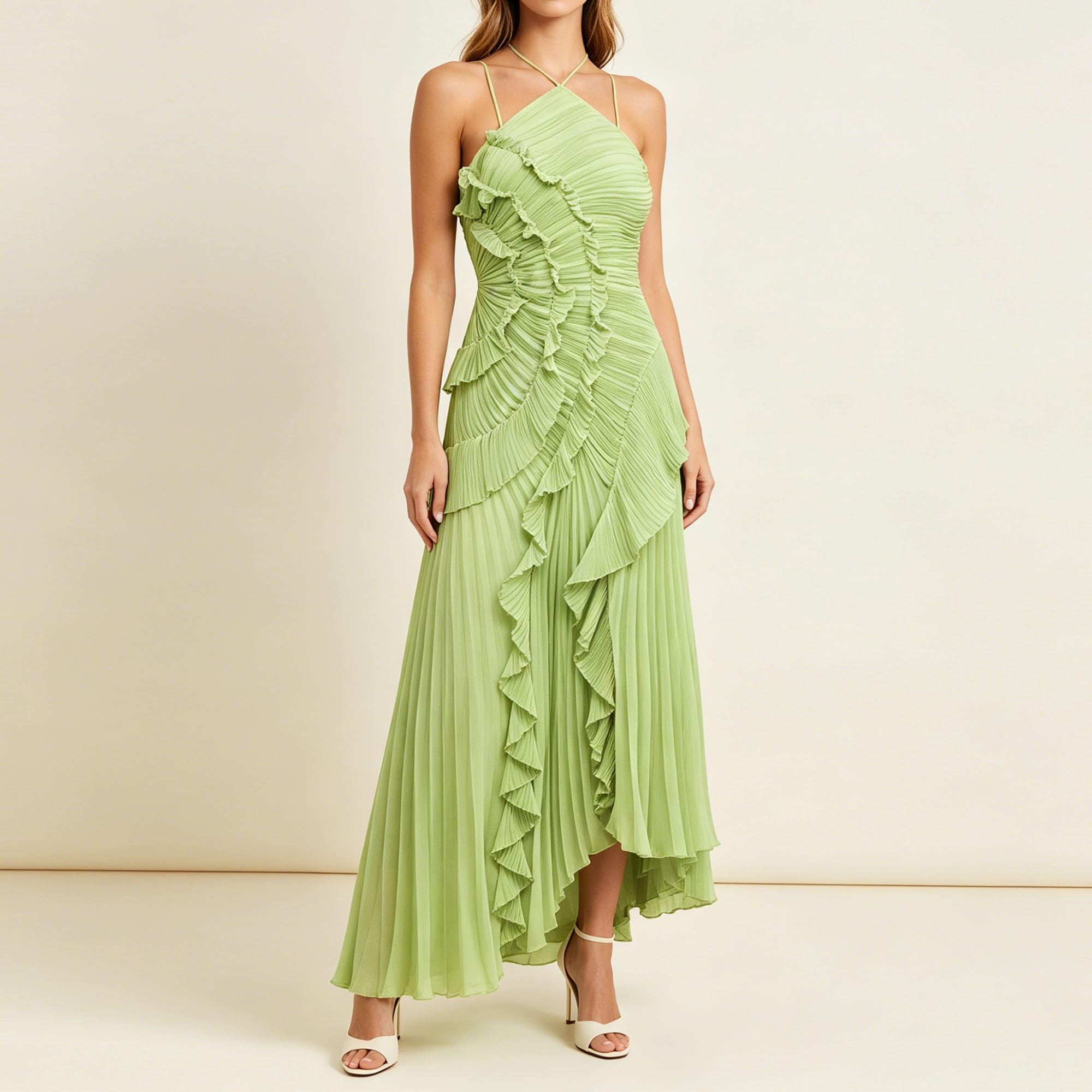 Robe longue dos nu à volants sans manches élégante style fluide pour femme