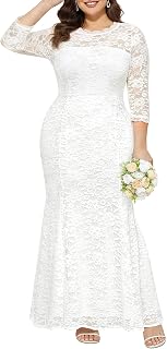 Plus Size Lace Mermaid Wedding Dress for Curvy Brides - Elegant Formal Evening Gown with 3/4 Sleeves by Pinupfashion