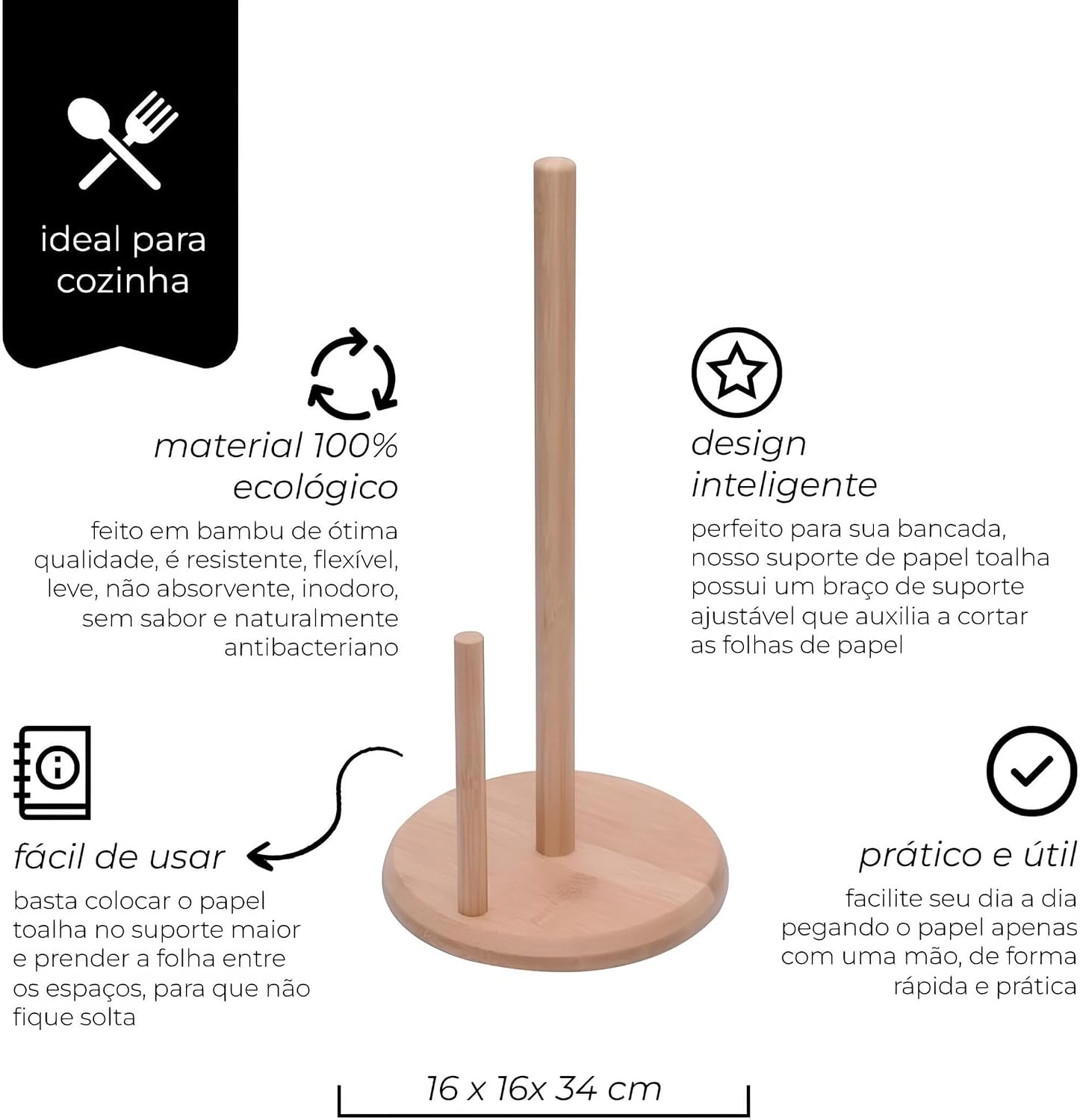 Suporte Porta Papel Toalha em Bambu Premium Sustentável – Utensílio Moderno e Funcional para Bancadas e Decoração de Cozinha